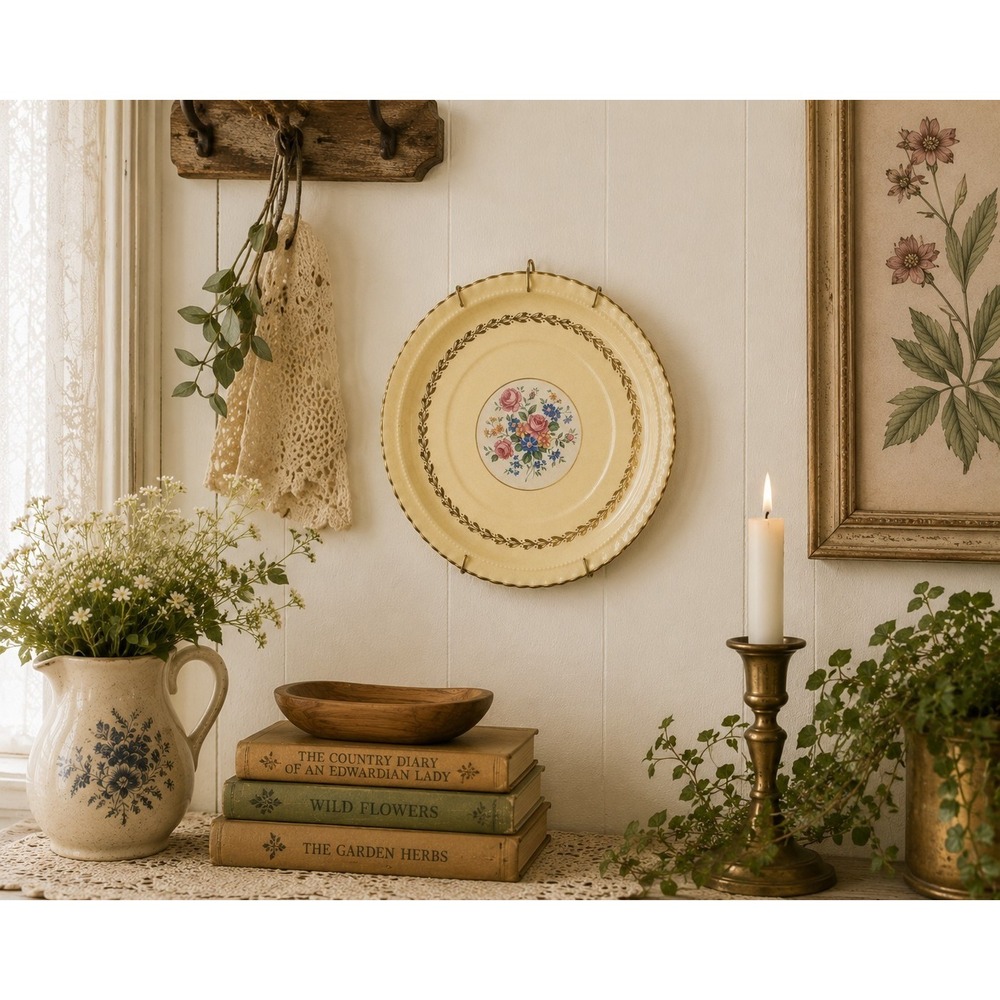 Vintage Monticello Steubenville Pottery 10" Floral Wall Plate Gold Laurel Cottag